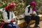 TAQUILE ISLAND, LAKE TITICACA, PERU - september 04, 2019 -  two elderly native mans of Taquile Island knits a traditional hat. On