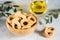 Taralli or tarallini is traditional Italian snack food typical of Apulia regional cuisine, copy space