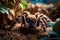 Tarantula spider close up in terrarium. Home pet enclosure creepy brown exotic dangerous predator zoology object macro