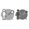 Target audience line and solid icon. Person and arrow in center of darts board outline style pictogram on white