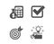 Target, Finance calculator and Checkbox icons. Creative idea sign. Targeting, Calculate money, Approved tick. Vector