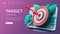 Target laptop finance landing page, banner business 3d icon. Vector
