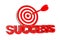 Target to Success Concept. Success Sign in front of Archery Target with Dart in Center. 3d Rendering