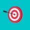 Target vector icon illustration, flat cartoon target with arrow in center of aim, idea of success goal, competition