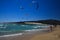 TARIFA COSTA DE LA LUZ, PLAYA DE BOLONIA, SPAIN - JUNE, 18. 2016: Kite surfers on the beach in Spain