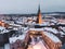 Tarnow Old Town Skyline. Medieval City in Poland. Aerial Drone View. Winter Season. Blue Hour Townscape