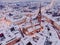 Tarnow Old Town Skyline. Medieval City in Poland. Aerial Drone View. Winter Season. Blue Hour Townscape