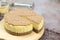 Taro cheese cake on wooden board