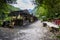 Taroko National Park, Taiwan - May 23, 2023: A rest stop on the Shakadang hiking trail. The protected mountain forest landscape