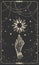 Tarot card with hand and sun. Magical boho design with stars, engraving stylization, witch cover in vintage design