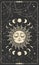 Tarot card with sun with face, moon phases and stars. Magic card, bohemian design, tattoo, engraving, witch cover. Golden mystical