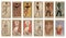 Tarot cards on aged, spoiled and stained paper, isolated on white background