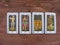 Tarot cards medieval close up, The Fives five of Tarot Decks on wooden background