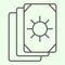Tarot cards thin line icon. Oracle card stack with sun circle image outline style pictogram on white background. Occult