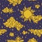 Tarot seamless pattern with sun, clouds and stars. Tarot aesthetic tile with golden cosmic objects. Vector illustration