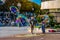 TARRAGONA, SPAIN, DECEMBER 29, 2015: a group of street performers is making soap bubbles in order to amuse people