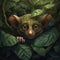 A Tarsier Head Wrapped In Green Leaves On A Background Of Leaves. Generative AI