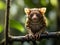 A tarsier is sitting on a tree branch resting during the day