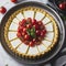 Tart with cherry tomatoes, cheese and onions on aluminum baking dish. From series Healthy Eating