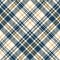 Tartan check pattern for duvet cover in blue, gold, off white. Seamless large asymmetric plaid vector for shirt, blanket.
