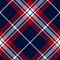 Tartan check pattern in red, navy blue, white for autumn winter print. Seamless textured dark plaid vector for flannel shirt.
