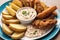 tartar sauce. Fried potatoes with seafood and tartar sauce, close-up. Generative AI