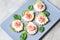 Tartlet with cream cheese, cucumber and slightly salted trout