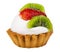 Tartlet with cream, strawberry and kiwi isolated on white. Side view