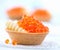 Tartlet with red caviar closeup