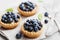 Tartlets with blueberries, bilberry, ricotta and honey syrup on vintage background. Delicious dessert.