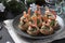 Tartlets with crab sticks, cheese and shrimps in the New Year`s composition. Delicious festive snack