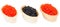 Tartlets with imitation red and black caviar isolated on white