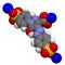 Tartrazine E102 food dye molecule. Yellow azo dye used in food, beverages, pharmaceuticals, etc. Allergenic.