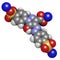 Tartrazine E102 food dye molecule. Yellow azo dye used in food, beverages, pharmaceuticals, etc. Allergenic.