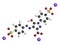 Tartrazine E102 food dye molecule. Yellow azo dye used in food, beverages, pharmaceuticals, etc. Allergenic.