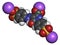 Tartrazine E102 food dye molecule. Yellow azo dye used in food, beverages, pharmaceuticals, etc. Allergenic.