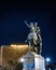 TASHKENT, UZBEKISTAN - MARCH 14, 2023: Monument Amir Timur or Tamerlane at nighttime against the backdrop of the hotel