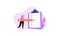 Task done business concept with tiny person with megaphone, pencil nearby giant clipboard complete checklist illustration