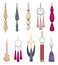 Tassel fringe accessories icon set. Leather trinket, handbag embelishments and fashion key chain. Textile zippers