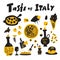 Taste of italy. Doodle illustration of traditional italian food. Vector.