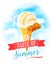 The taste of summer. Bright colorful poster with caramel ice cream cone on the sky background.