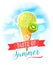 The taste of summer. Bright colorful poster with kiwi ice cream cone on the sky background.