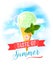 The taste of summer. Bright colorful poster with mint ice cream cone on the sky background.