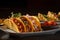 tasteful close-up of trio of tantalizing tacos, burritos, and nachos