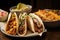 tasteful close-up of trio of tantalizing tacos, burritos, and nachos