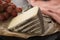 Tasting of ancient french demi soft cheese Tomme from French Alp