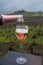 Tasting of brut champagne sparkling wine outdoor with view on pinot noir gran cru vineyards of famous champagne houses in Montagne