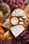 Tasting cheese dish on a wooden plate. Food for wine and romantic, cheese delicatessen on a wooden rustic table. Top view