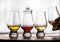 Tasting of flight of Scotch whisky from special tulip-shaped glasses on distillery in Scotland, UK