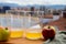 Tasting of natural Asturian cider sidra fermented apples in cafe, Oviedo, Asturias, Spain